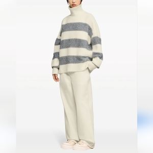 AMI Paris Funnel Neck Lurex-Striped White and Silver Sweater Size Small